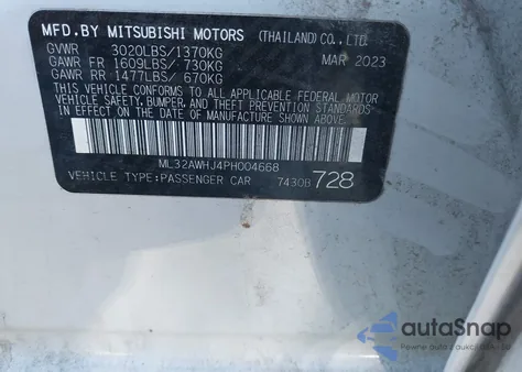 2023 Mitsubishi Mirage Black Edition/Ralliart/Se из США, поврежденный, VIN ML32AWHJ4PH004668